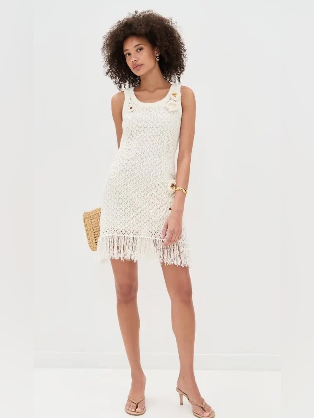 Lingua Franca Karla Sleeveless Crochet Fringe Mini Dress in Cream